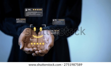 Customer satisfaction concept with five star rating, positive reviews and digital feedback interface above hands, representing customer experience management, service quality and online reputation.