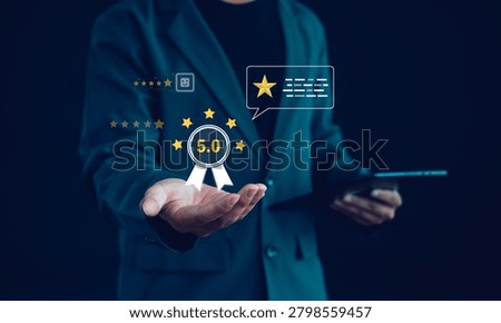 Customer satisfaction concept with five star rating, positive feedback and online review. Business quality assurance, reputation management, user experience and service excellence.