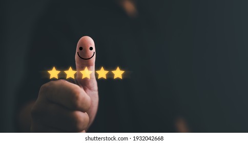 Customer Satisfaction Concept. Hand With Thumb Up Positive Emotion Smiley Face Icon And Five Star With Copy Space.