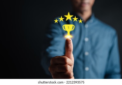 Customer Satisfaction Concept. Hand With Thumb Up Positive Emotion Smiley Face Icon And Five Star Trophy Guarantee Best And Good Service.