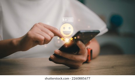 Customer satisfaction concept. Positive emotion happy smile face five star and crown with copy space, feedback, service, survey, standard quality. User give rating to service experience, certification - Shutterstock ID 2260885677