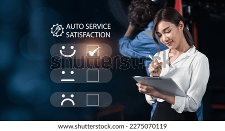 Customer Satisfaction, Feedback and Car Automobile Service Center Review Concept. Beautiful Asian Woman holding paperwork and give excellent experience rating review with smile icon