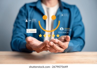 Customer satisfaction and feedback concept with five star rating and happy face icon, positive review, service quality, trust, and business success in digital communication.