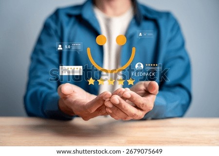 Customer satisfaction and feedback concept with five star rating and happy face icon, positive review, service quality, trust, and business success in digital communication.