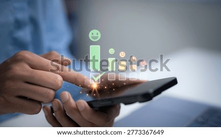 Customer satisfaction feedback concept with rating scale smile icons on mobile smartphone screen showing user experience evaluation service quality review digital survey, client satisfaction analysis