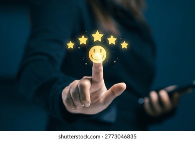 Customer satisfaction feedback concept with smiley icon and rating stars, user experience evaluation, service quality measurement, and positive business performance indicator.