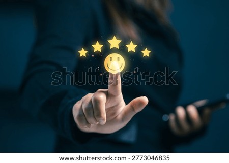 Customer satisfaction feedback concept with smiley icon and rating stars, user experience evaluation, service quality measurement, and positive business performance indicator.