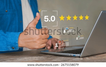 Customer satisfaction feedback with five star online review rating, positive client testimonial, business reputation management, and service quality improvement on digital platform