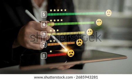 A customer satisfaction feedback and five star rating system. A concept for service review, product evaluation, and measuring user experience. Motif