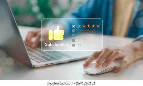 Customer satisfaction feedback with rating system interface on digital screen. Concept of user experience review, online evaluation, service quality, and performance score analysis.