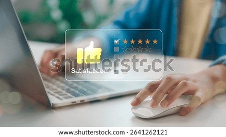 Customer satisfaction feedback with rating system interface on digital screen. Concept of user experience review, online evaluation, service quality, and performance score analysis.