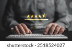 Customer satisfaction feedback review concept. Buyer types on a keyboard to write product or service experience and gives 5-star rating.  Customers review the online shopping platform.