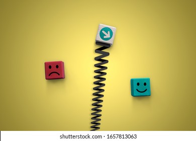 Customer Satisfaction Happy And Sad Face On Wood Blocks With Arrow Pointing To Positive Emotion - Business Rating Measurement Decision Scale - Client Review, Brand Loyalty And Guest Experience Concept