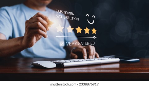 Customer satisfaction, Man using a computer to provide valuable feedback, as he proudly points to a 5-star rating and writes a glowing review for an exceptional service he has experienced