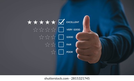 Customer satisfaction and positive feedback concept with five star rating and thumbs up gesture, representing excellent service quality, user experience, review system and client approval.