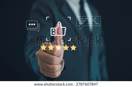 Customer satisfaction and positive feedback concept with five star rating, online review, business reputation management and client service evaluation in digital communication.