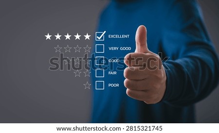Customer satisfaction and positive feedback concept with five star rating and thumbs up gesture, representing excellent service quality, user experience, review system and client approval.