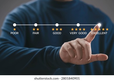 Customer satisfaction rating scale from poor to excellent with five star evaluation, user selecting highest score on digital interface. Service quality, feedback system and experience measurement.
