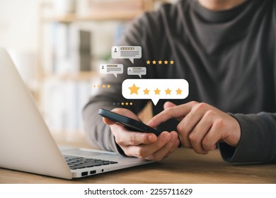 Customer Satisfaction Survey concept, 5-star satisfaction, service experience rating online application, customer evaluation product service quality, satisfaction feedback review, good quality most. - Shutterstock ID 2255711629