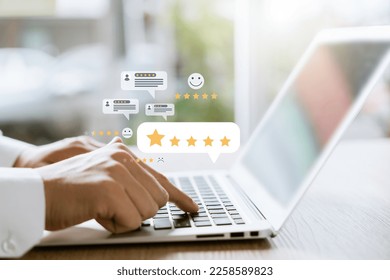 Customer Satisfaction Survey concept, 5-star satisfaction, service experience rating online application, customer evaluation product service quality, satisfaction feedback review, good quality most. - Shutterstock ID 2258589823