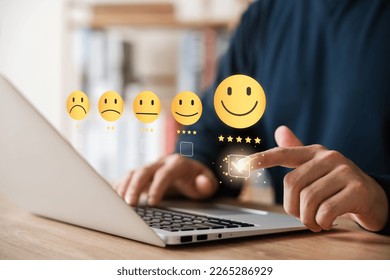 Customer Satisfaction Survey concept, 5-star satisfaction, service experience rating online application, customer evaluation product service quality, satisfaction feedback review, good quality most.