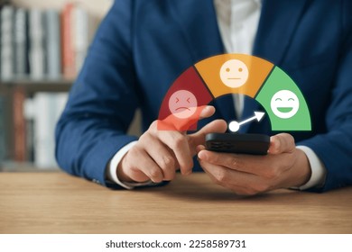 Customer Satisfaction Survey Concept, Users Rate Service Experiences On Online Application, Customers Can Evaluate Quality Of Service Leading To Business Reputation Rating.
