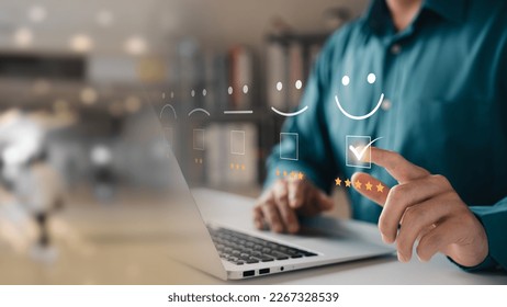 Customer Satisfaction Survey Concept, Users Rate Service Experiences On Online Application, Customers Can Evaluate Quality Of Service Leading To Business Reputation Rating. - Shutterstock ID 2267328539