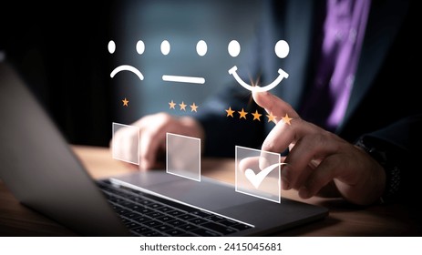 Customer Satisfaction Survey Concept, Users Rate Service Experiences On Online Application, Customers Can Evaluate Quality Of Service Leading To Business Reputation Rating. Good feedback and review.