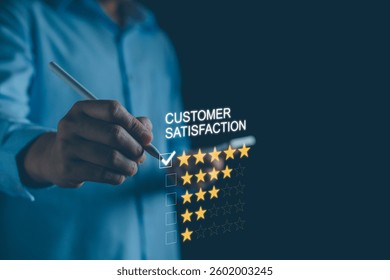 Customer Satisfaction Survey Concept, Users rate service experiences On Online Application, Customer can evaluate quality of service leading to reputation ranking of business Reputation Rating