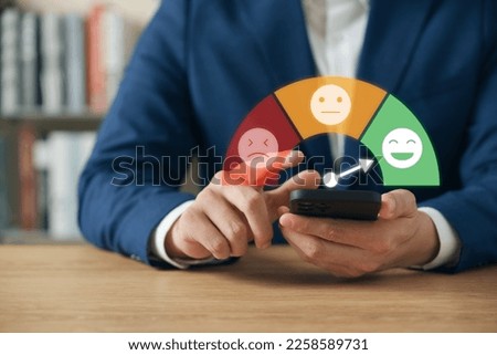 Customer Satisfaction Survey Concept, Users Rate Service Experiences On Online Application, Customers Can Evaluate Quality Of Service Leading To Business Reputation Rating.