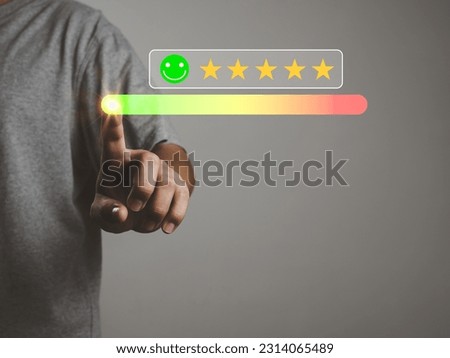 customer satisfaction survey concept Users promote online application ratings. on the virtual window to be developed for business reputation