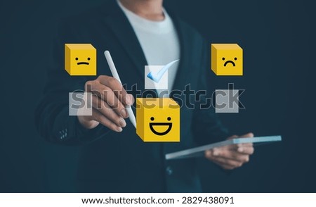 Customer satisfaction survey with positive feedback selection, client experience evaluation, user choosing happy emoji, service quality, online review, CRM, customer loyalty and business success.