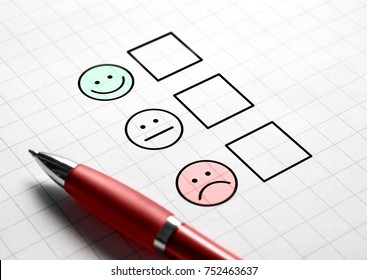 Customer satisfaction survey and questionnaire concept. Giving feedback with multiple choice form. Pen, paper and emotion smiley face icons.