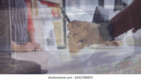 Customer scanning QR code with smartphone in retail counter area, with globe stock chart overlay. Technology, commerce, digital, finance, retail, connectivity, innovative