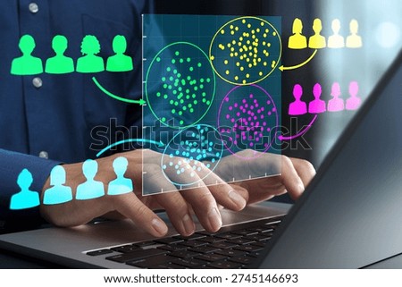 Customer segmentation analysis and data clustering chart. AI-powered marketing analysis. Businessman profiling target audience on laptop computer.