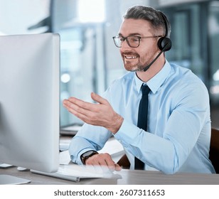 Customer service, call center and man on computer for talking, online help and sales consulting. Corporate office, telemarketing and person with headset for contact, crm support and communication