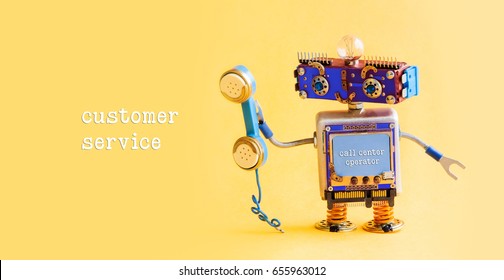 Customer Service Call Center Operator Concept. Friendly Robot Assistant With Retro Styled Phone On Yellow Background.