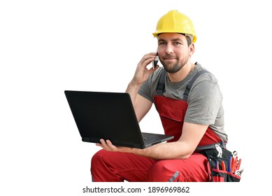 Customer Service Com Craftsmen - Workers With Telephone And Notebook On The Construction Site - White Background