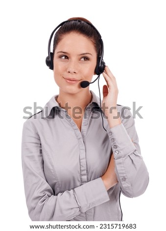 Customer service communication, studio and woman listen to conversation, telecom advice or telemarketing consulting. Callcenter person, contact us CRM and insurance agent talking on white background