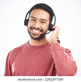 Customer service consulting, face portrait or happy man telemarketing on contact us CRM or telecom. Call center communication, ecommerce studio or male support consultant isolated on white background - Powered by Shutterstock