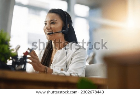 Customer service, contact us or happy woman in call center consulting, speaking or talking at help desk. Virtual assistant, friendly agent or sales consultant in telemarketing or telecom company