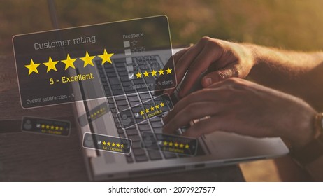 Customer service experience and efficiency Performance concept. Checklist with a five-star rating. Businessman leaving feedback with his laptop with a virtual screen interface. 
