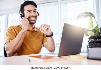 Customer service headset, laptop or happy man talking on contact us CRM, telemarketing or online call center. Communication, technology or Asian consultant in telecom consulting for technical support - Powered by Shutterstock