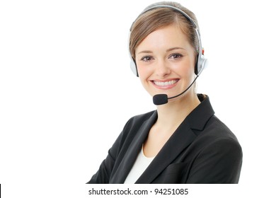 Customer Service Operator Woman With Headset, Isolated On White Background.