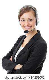 Customer Service Operator Woman With Headset, Isolated On White Background.