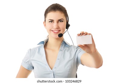 Customer Service Representative With Headset Holding A Blank Empty Card. Isolated On White Background.