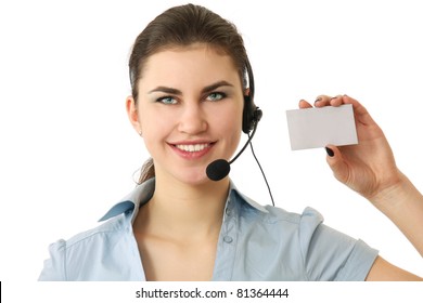 Customer Service Representative With Headset Holding A Blank Empty Card. Isolated On White Background.