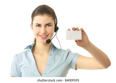 Customer Service Representative With Headset Holding A Blank Empty Card. Isolated On White Background.