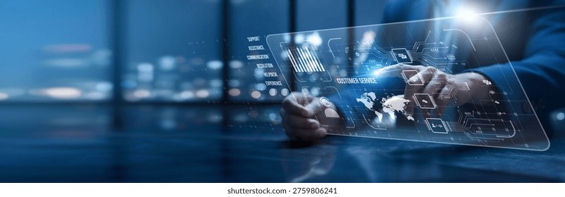 Customer service. Representative using a modern interface to manage customer service requests. Digital tools enable faster responses, personalization, and enhanced client experience delivery.