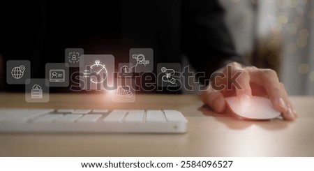 Customer service, speed of service concept. Using computer mouse with quick service icons. Response and resolution times in SLA. Ensuring clients receive timely help and service from providers. 